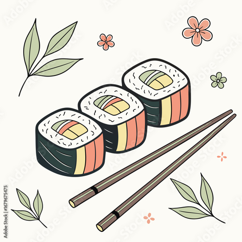 Vector art of three sushi rolls with chopsticks and flowers