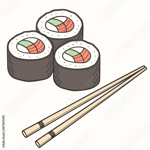 Vector art of three sushi rolls with salmon and chopsticks