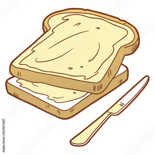 Vector art of two slices of toast with butter and knife