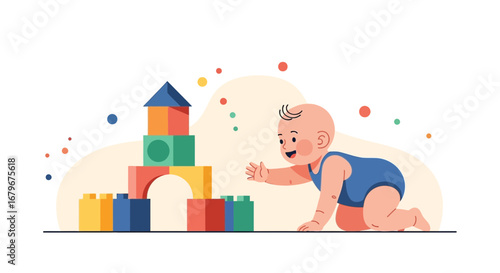 Happy Baby Crawling Towards Colorful Building Blocks In Animated Playful Illustration