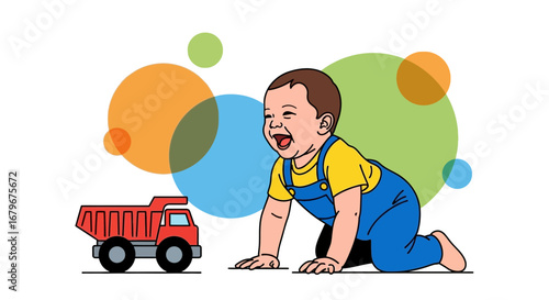 Happy baby crawling with a toy truck towards him in an illustration with circles