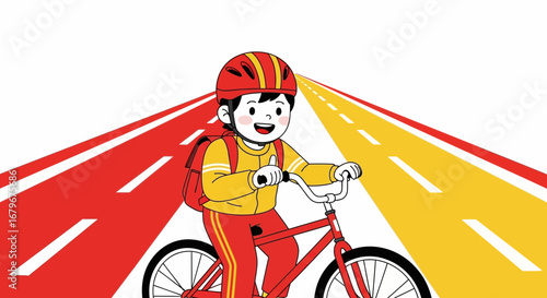 Happy Youngster Riding Bicycle and Journeying Through Colorful Road with Focus