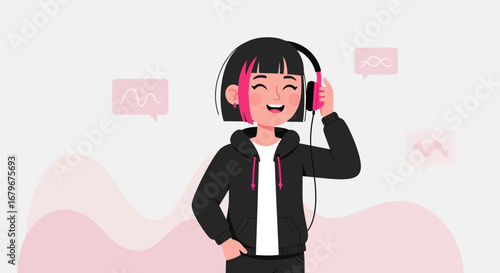 Happy Young Woman Enjoying Music With Headphones, Creative Illustration, Pink Accents