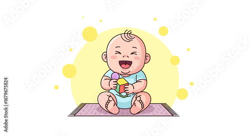 Happy Baby Enjoying Colorful Toys And Playing On A Carpet With A Lovely Smile