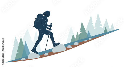 Hiker Ascending a Mountain Trail Towards Adventure with Backpack and Poles in Scenic Forest