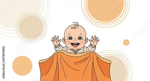 Happy baby peeking over blanket and smiling in vector illustration design