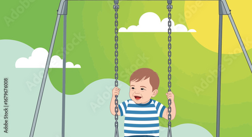 Happy baby on a swing set enjoying a sunny, cartoon day at the playground