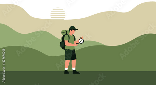 Hiker Observing Compass, Discovering Nature's Path Through Scenic Landscape At Sunset