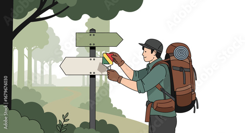Hiker Placing A Sign, Determining Direction In A Verdant Forest And Nature Environment