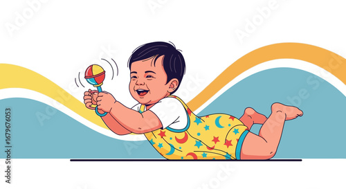 Happy baby playing with a colorful rattle while lying on his belly, enjoying themoment