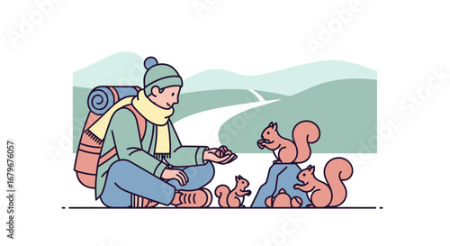 Hiker Resting in Nature with Squirrels, enjoying the peacefulness of the environment