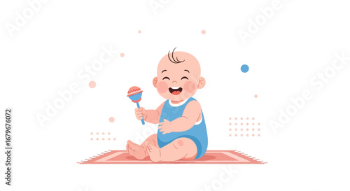 Happy Baby Playing with a Rattle on a Rug in a Playful and Joyful Illustration