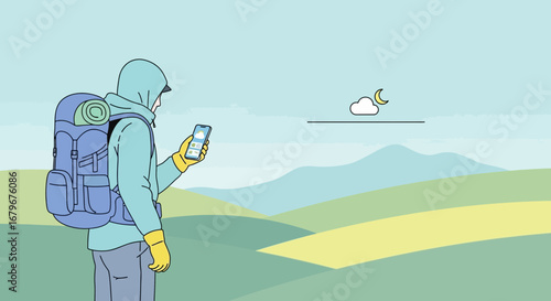 Hiker Using Smartphone To Check Weather Forecast While Backpacking Through Rolling Green Hills