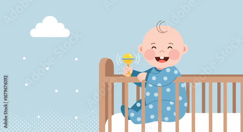 Happy baby playing with a rattle in a crib, blue tones and minimalist design