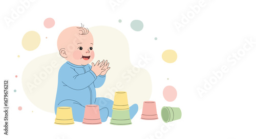 Happy baby playing with colorful cups, the perfect illustration of early development