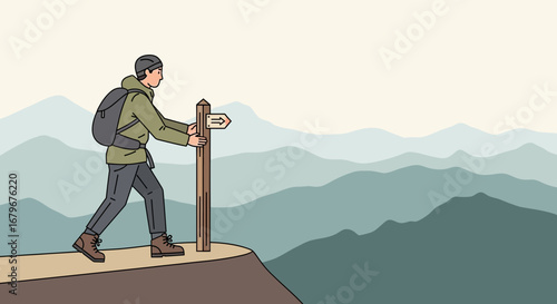 Hiking Adventure: A lone traveler seeks direction surrounded by mountain vistas