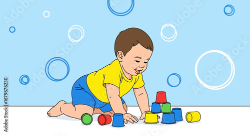 Happy baby playing with colorful stacking cups and building a tower on the floor