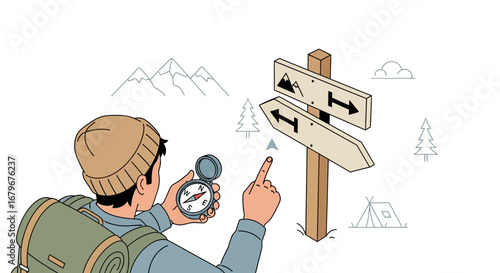 Hiking and navigation with a compass, direction sign and backpack showing the way