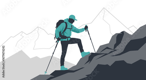 Hiking Ascent Depicted, Silhouette Of Adventurer On Mountain, Outdoor Illustration