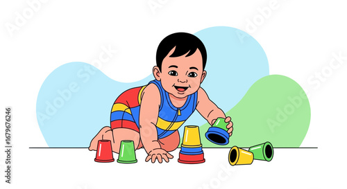 Happy Baby Playing with Colorful Stacking Cups and Crawling on the Floor