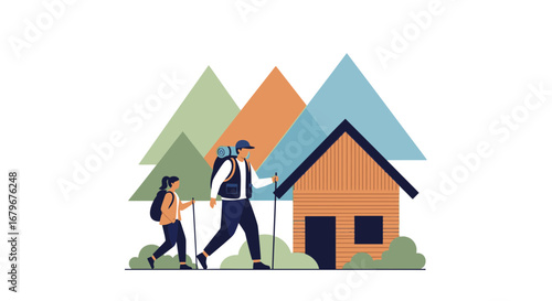 Hiking Adventure Illustration Depicting Couple, Mountains, Cabin, and Outdoor Exploration