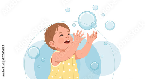 Happy baby playing with soap bubbles in cartoon illustration style on a white background