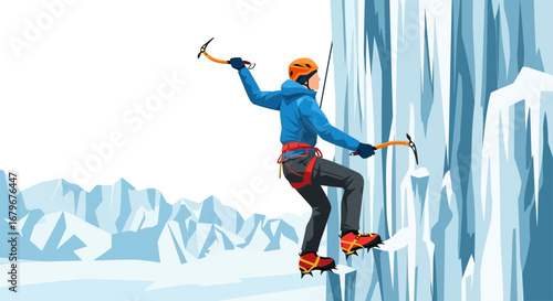 Ice Climbing Expedition: Adventurous Climber Ascending a Frozen Waterfall in a Harsh Environment