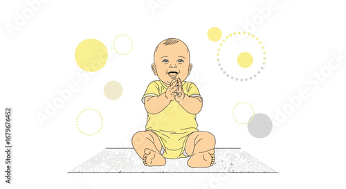 Happy Baby Sitting And Playing With Clapped Hands With Yellow Background