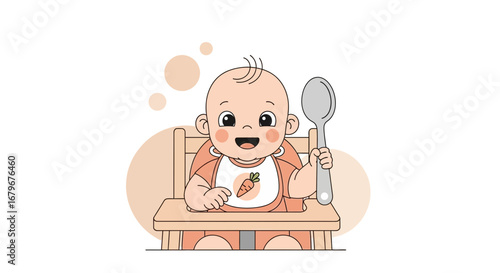 Happy baby sitting in a high chair holding a spoon and ready to eat food