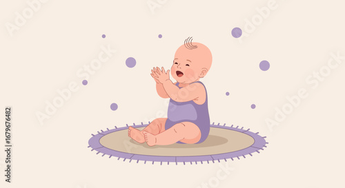 Happy Baby Sitting on Carpet Clapping Hands with Joyful Expressions