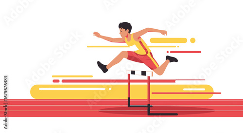 Illustrated athlete jumping over hurdle in a race on a track competition