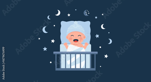 Happy Baby Sleeping Peacefully Under A Night Sky Filled With Stars And Moons