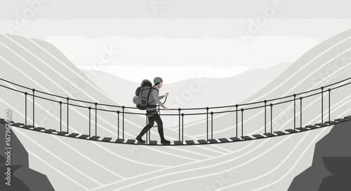Illustrated silhouette of a person trekking across a rope bridge in a monochrome setting