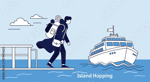 Illustrated Traveler Boarding A Ferry To Embark On An Island Hopping Excursion