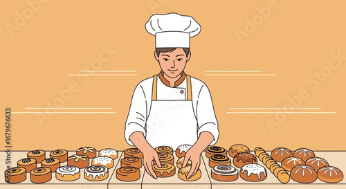 Happy Baker Arranging Fresh Pastries And Bakery Goods for Display And Sale
