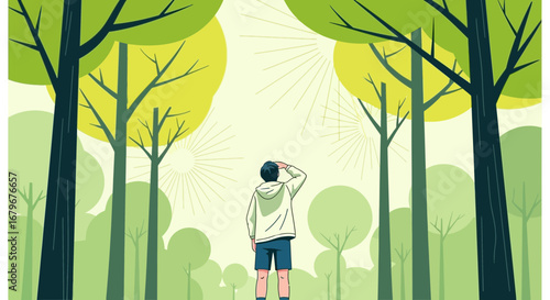 Illustrated view of a person in a forest looking up at the sky with trees around no commas