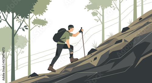 Illustration Demonstrating Hiking and Adventure in Nature, a Journey to the Summit