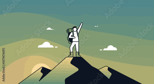 Illustration depicting a hiker on top of a mountain demonstrating victory and success