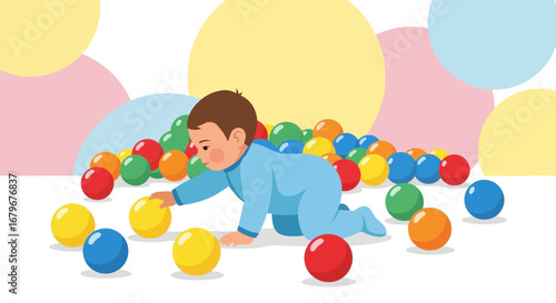 Illustration design of a baby playing with colourful balls in a ball pit happy child