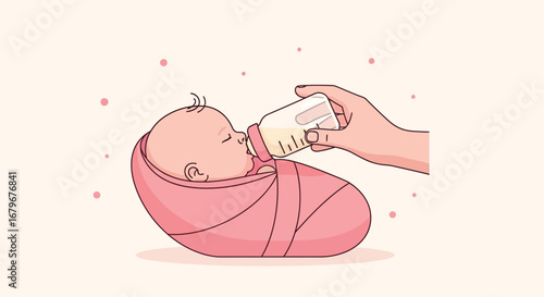 Illustration of a baby being bottle-fed, a heartwarming scene of care and nourishment