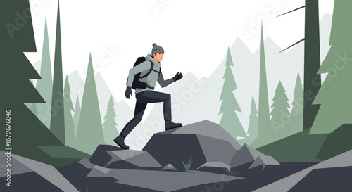 Illustration featuring a hiker in a forest environment and mountain landscape