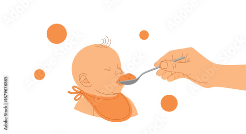 Illustration of a baby being fed with a spoon depicting feeding and childcare