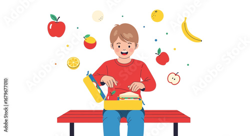 Happy boy with opened lunchbox and some fruits, kids food, healthy eating concept