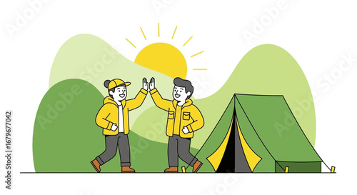 Happy campers giving high five near tent against the backdrop of nature at sunset