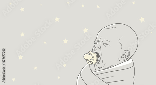 Illustration of a baby crying with a pacifier and stars in the background vector