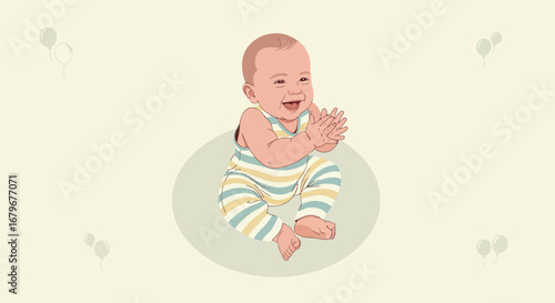 Happy Cartoon Baby Clapping, Cheerful Infant Illustration for Childhood Memories, Moments