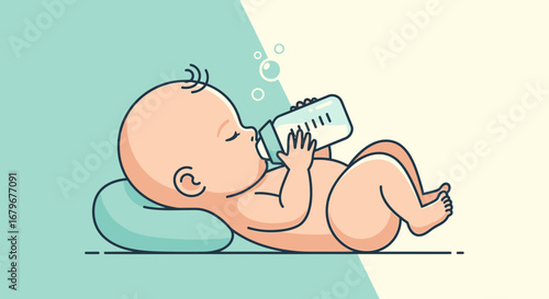 Illustration of a baby drinking from a bottle while lying down on a pillow