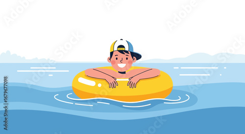 Happy cartoon boy enjoying a sunny day swimming with a yellow inflatable ring in the sea water