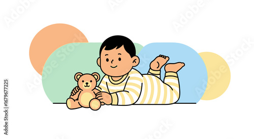 Illustration of a baby lying down and playing with a teddy bear on a white background