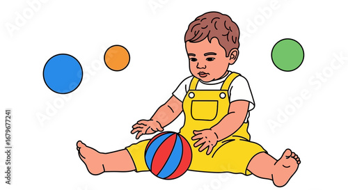 Illustration of a baby playing with a ball and colorful floating circles